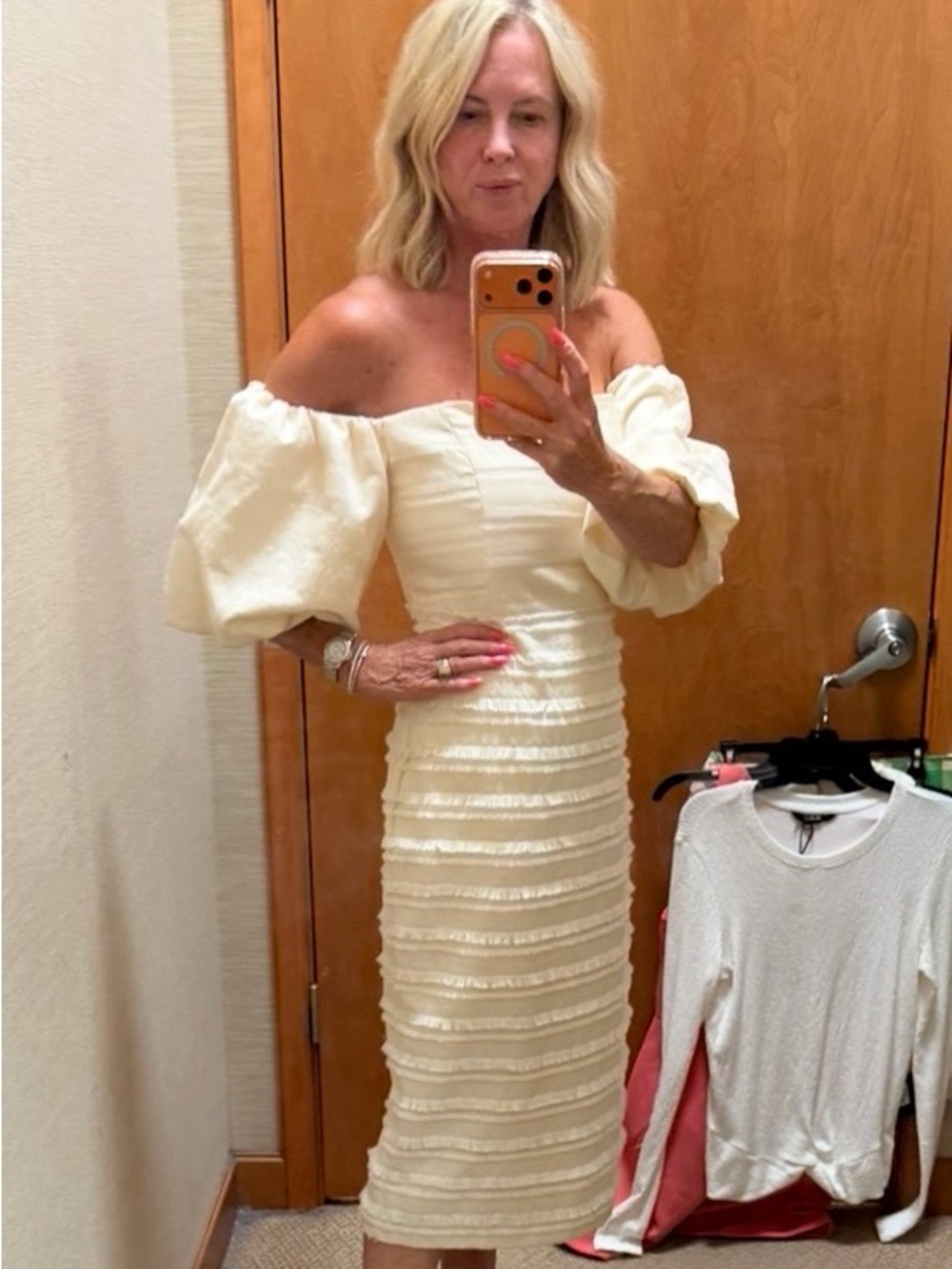 Badgley Mischka Cream Off-Shoulder Puff-Sleeve Midi Dress